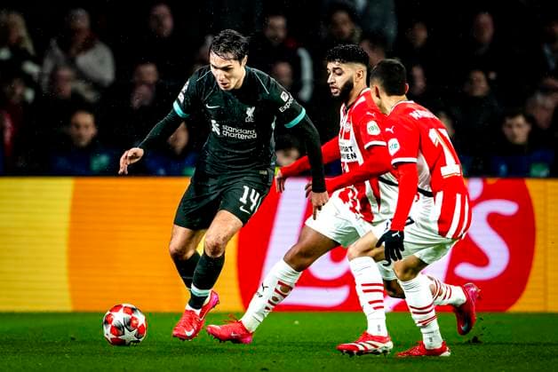 PSV Eindhoven midfielder Ismael saibari, Liverpool FC midfielder Frederico Chiesa during the match PSV - Liverpool at the Philips stadium for the Champions League - League phase - Matchday 8 season 2024-2025 in EINDHOVEN, Netherlands on 29 january 2025, (photo by Marcel van Dorst EYE4images DeFodi Images) Defodi-746_211607