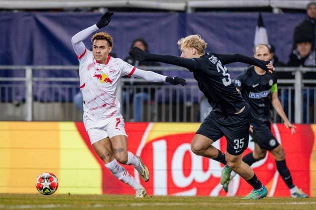 SOCCER - UEFA CL, Sturm vs RB Leipzig KLAGENFURT,AUSTRIA,29.JAN.25 - SOCCER - UEFA Champions League, SK Sturm Graz vs RasenBallsport Leipzig. Image shows Antonio Nusa (RB Leipzig) and Niklas Geyrhofer (Sturm).  GEPAxpictures xMatthiasxTrinkl