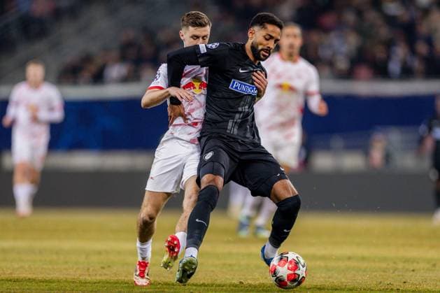 SOCCER - UEFA CL, Sturm vs RB Leipzig KLAGENFURT,AUSTRIA,29.JAN.25 - SOCCER - UEFA Champions League, SK Sturm Graz vs RasenBallsport Leipzig. Image shows Christoph Baumgartner (RB Leipzig) and Jon Gorenc Stankovic (Sturm).  GEPAxpictures xMatthiasxTrinkl