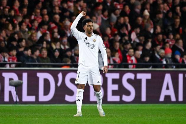 FOOTBALL : Brest vs Real Madrid - Ligue des Champions - 29 01 2025 Rodrygo ( 11 - Real Madrid ) celebrates after scoring during the UEFA Champions League match between Stade Brestois 29 and Real Madrid CF at Stade de Roudourou on January 29 , 2025 in Guingamp, France. ( Photo by Dante Badano PsnewZ ) - GuingampFrance  Copyright: xDantexBadanox