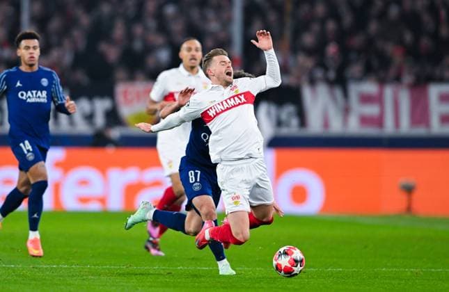 Maximilian Mittelstaedt (VfB Stuttgart) falls down and cries during the UEFA Champions League 2024 25 League Phase MD8 match between VfB Stuttgart and Paris Saint-Germain at MHPArena on January 29, 2025 in Stuttgart, Germany. (Photo by Silas Schueller DeFodi Images) Defodi-738_738_VFBPSG_20250129_132