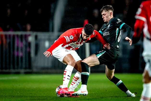 PSV Eindhoven midfielder Ismael saibari, Liverpool FC defender Conor Bradley during the match PSV - Liverpool at the Philips stadium for the Champions League - League phase - Matchday 8 season 2024-2025 in EINDHOVEN, Netherlands on 29 january 2025, (photo by Marcel van Dorst EYE4images DeFodi Images) Defodi-746_211612