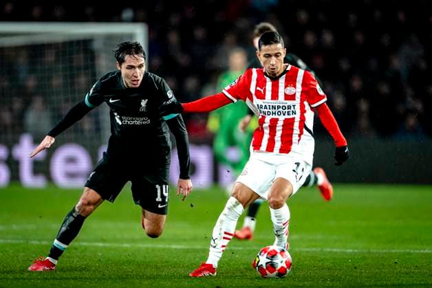 Liverpool FC midfielder Frederico Chiesa, PSV Eindhoven defender Mauro Junior during the match PSV - Liverpool at the Philips stadium for the Champions League - League phase - Matchday 8 season 2024-2025 in EINDHOVEN, Netherlands on 29 january 2025, (photo by Marcel van Dorst EYE4images DeFodi Images) Defodi-746_211615