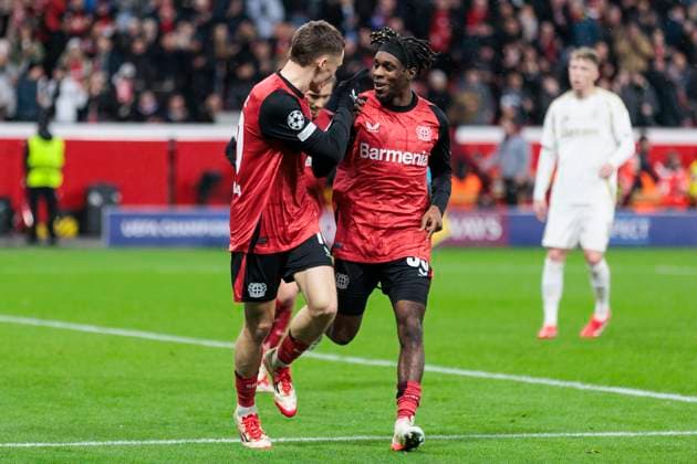 UEFA Champions League, Bayer Leverkusen - Sparta Prag, 29.01.2025 Florian Wirtz (Bayer 04 Leverkusen, 10) jubelt nach seinem Tor zur 1:0 Führung mit Jeremie Frimpong (Bayer 04 Leverkusen, 30).UEFA Champions League, Bayer Leverkusen - Sparta Prag, 8. Spieltag, am 29.01.2025, BayArena, Leverkusen UEFA regulations prohibit any use of photographs as image sequences and or quasi-video Copyright: xBEAUTIFULxSPORTS Meuselx