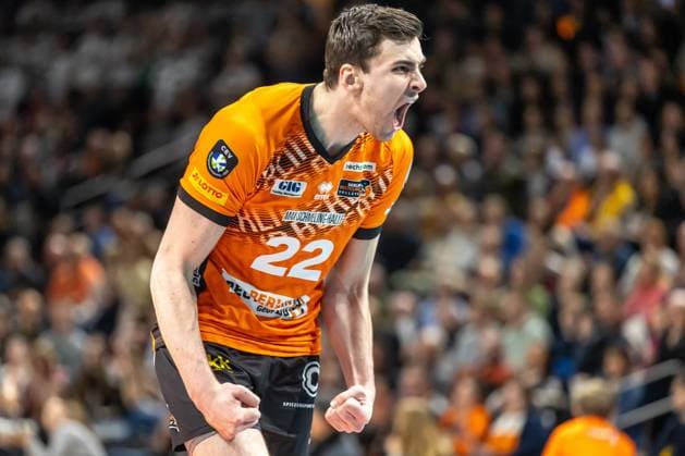 29.01.2025, Berlin, Volleyball: CEV Champions League, Maenner, Spieltag 6, BR Volleys gegen PGE Projekt Warschau, Max-Schmeling-Halle. Jake Hanes der Berlin Volleys jubelt. BR Volleys - PGE Projekt Warschau