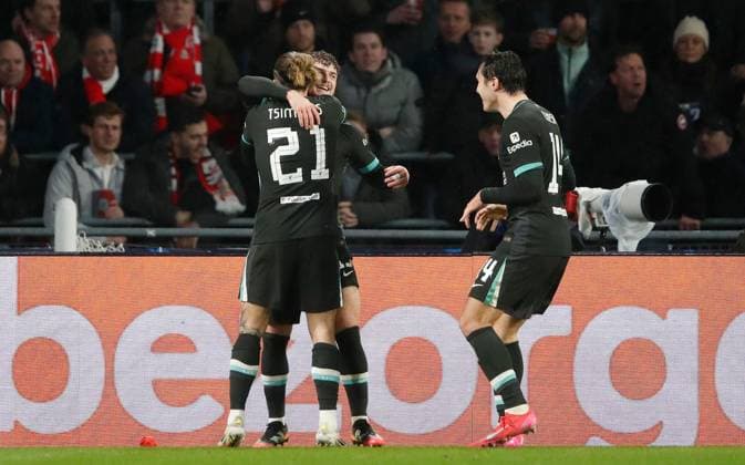 Harvey Elliott of Liverpool celebrates scoring a goal to make the score 1-2 PSV Eindhoven v Liverpool, UEFA Champions League, Group Stage, Football, Philips Stadion, Eindhoven, Netherlands - 29 Jan 2025 EDITORIAL USE ONLY No use with unauthorised audio, video, data, fixture lists, club league logos or live services. Online in-match use limited to 120 images, no video emulation. No use in betting, games or single club league player publications. Copyright: xBartxStoutjesdijk Shutterstockx 15122172ai