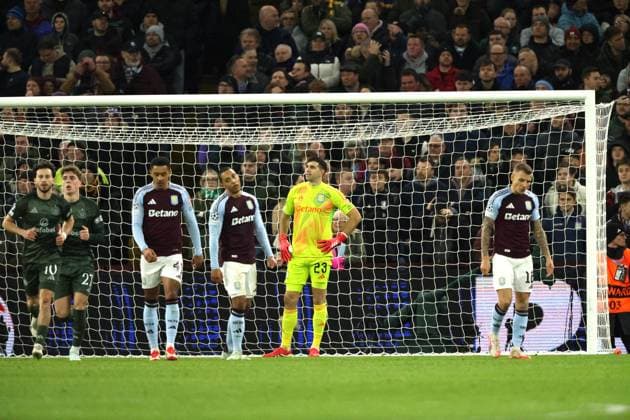 Emiliano Martinez (AV) and Villa dejection after the first Celtic goal at the Aston Villa v Celtic UEFA Champions League match, at Villa Park, Birmingham, UK on 29th November, 2025. 