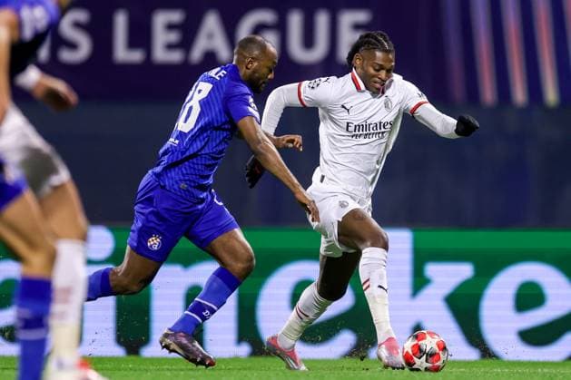 GNK Dinamo v AC Milan - UEFA Champions League 2024 25 League Phase MD8 afael Leao of AC Milan is challenged by Kevin Theophile-Catherine of Dinamo Zagreb during the UEFA Champions League 2024 25 League Phase MD8 match between GNK Dinamo and AC Milan at Maksimir Stadium on January 29, 2025. in Zagreb, Croatia.  LukaxStanzl PIXSELL