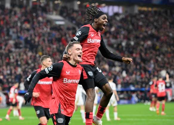 Jubel Florian WIRTZ (LEV) nach seinem tor zum 1:0, mit Jeremie FRIMPONG r. (LEV), Fussball Champions League, 8. Spieltag, Bayer 04 Leverkusen (LEV) - Sparta Prag, am 29.01.2025 in Leverkusen Deutschland. UEFA regulations prohibit any use of photographs as image sequences and or quasi-video Â