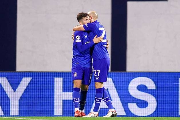 GNK Dinamo v AC Milan - UEFA Champions League 2024 25 League Phase MD8 Playees of Dinamo Zagreb celebrates after scoring the team s first goal during the UEFA Champions League 2024 25 League Phase MD8 match between GNK Dinamo and AC Milan at Maksimir Stadium on January 29, 2025. in Zagreb, Croatia.  LukaxStanzl PIXSELL