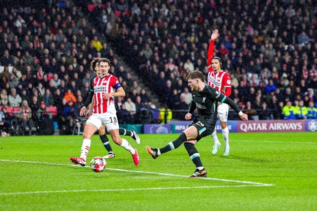 PSV Eindhoven v Liverpool Champions League 29 01 2025. Goal 1-2 Harvey Elliott (19) of Liverpool scores a goal during the Champions League match between PSV Eindhoven and Liverpool at Philips Stadion, Eindhoven, Netherlands on 29 January 2025. Editorial use only , Copyright: xNigelxKeenex PSI-21362-0043
