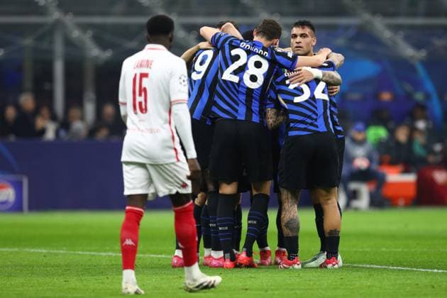 January 29, 2025, Milan, Lombardy, Italy: LAUTARO MARTINEZ 10 of INTER celebrates scoring his side s second goal on Matchday 8 of 8 in the Group Stage of the UEFA Champions League 2024 2025 between INTER MILAN and AS MONACO at San Siro in Milan, Italy Milan Italy - ZUMAc179 20250129_zep_c179_082 Copyright: xMickaelxChavetx