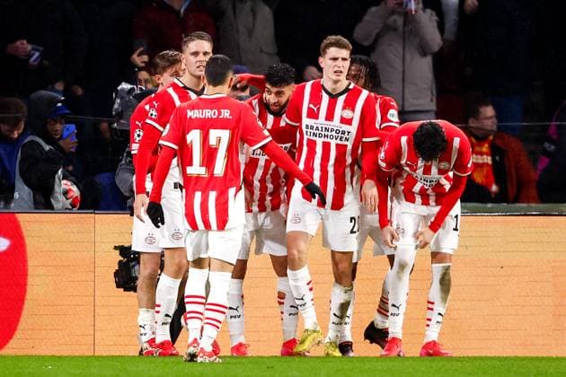 2025-01-29 PSV Eindhoven v Liverpool FC - UEFA Champions League 2024 25 League Phase MD8 EINDHOVEN, NETHERLANDS - JANUARY 29: Ismael Saibari of PSV celebrates after scoring his teams second goal, Mauro Junior of PSV, Guus Til of PSV, Joey Veerman of PSV during the UEFA Champions League 2024 25 League Phase MD8 match between PSV Eindhoven and Liverpool FC at PSV Stadion on January 29, 2025 in Eindhoven, Netherlands. Eindhoven PSV Stadion Netherlands Content not available for redistribution in The Netherlands directly or indirectly through any third parties. Copyright: xBroerxvanxdenxBoomx