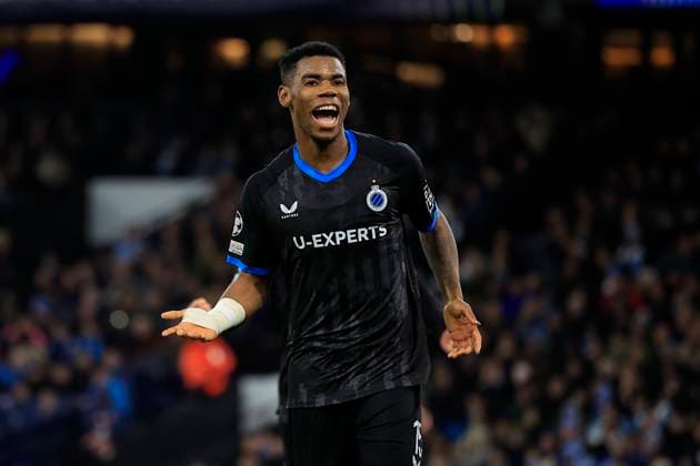 Manchester City v Club Brugge Champions League 29 01 2025. Rafael Onyedika (15) of Club Brugge celebrates scoring to make it 0-1 during the Champions League match between Manchester City and Club Brugge at the Etihad Stadium, Manchester, England on 29 January 2025. Manchester Etihad Stadium Manchester England Editorial use only , Copyright: xConorxMolloyx PSI-21352-0032