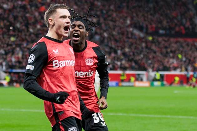 UEFA Champions League, Bayer Leverkusen - Sparta Prag, 29.01.2025 Florian Wirtz (Bayer 04 Leverkusen, 10) jubelt nach seinem Tor zur 1:0 Führung mit Jeremie Frimpong (Bayer 04 Leverkusen, 30).UEFA Champions League, Bayer Leverkusen - Sparta Prag, 8. Spieltag, am 29.01.2025, BayArena, Leverkusen UEFA regulations prohibit any use of photographs as image sequences and or quasi-video Copyright: xBEAUTIFULxSPORTS Meuselx