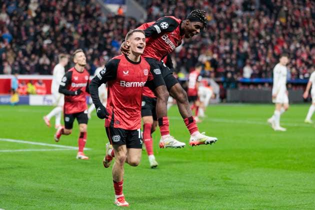 UEFA Champions League, Bayer Leverkusen - Sparta Prag, 29.01.2025 Florian Wirtz (Bayer 04 Leverkusen, 10) jubelt nach seinem Tor zur 1:0 Führung mit Jeremie Frimpong (Bayer 04 Leverkusen, 30).UEFA Champions League, Bayer Leverkusen - Sparta Prag, 8. Spieltag, am 29.01.2025, BayArena, Leverkusen UEFA regulations prohibit any use of photographs as image sequences and or quasi-video Copyright: xBEAUTIFULxSPORTS Meuselx
