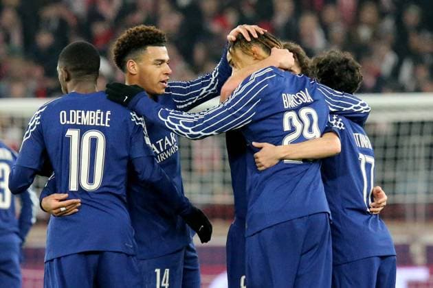 29.01.2025, xmohx, Fussball UEFA Champions League, VfB Stuttgart - Paris St.Germain v.l. Torjubel nach dem Tor zum celebrating the goal celebrate 0:2 durch Ousame Dembele (PSG Paris St.Germain) (DFL DFB REGULATIONS PROHIBIT ANY USE OF PHOTOGRAPHS as IMAGE SEQUENCES and or QUASI-VIDEO) Stuttgart