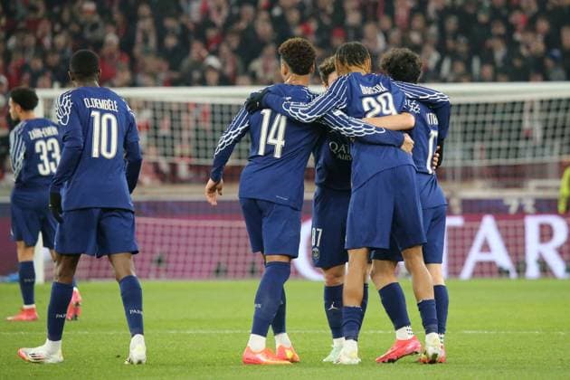 29.01.2025, xmohx, Fussball UEFA Champions League, VfB Stuttgart - Paris St.Germain v.l. Torjubel nach dem Tor zum celebrating the goal celebrate 0:2 durch Ousame Dembele (PSG Paris St.Germain) (DFL DFB REGULATIONS PROHIBIT ANY USE OF PHOTOGRAPHS as IMAGE SEQUENCES and or QUASI-VIDEO) Stuttgart