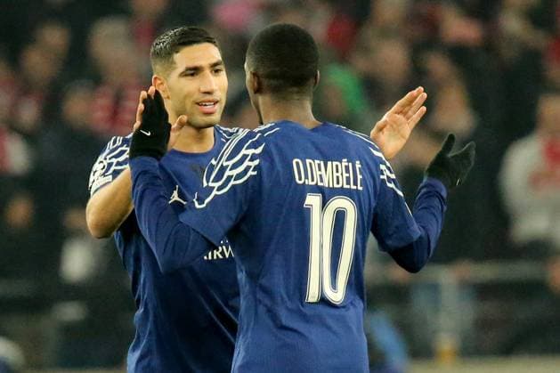 29.01.2025, xmohx, Fussball UEFA Champions League, VfB Stuttgart - Paris St.Germain v.l. Torjubel nach dem Tor zum celebrating the goal celebrate 0:2 durch Ousame Dembele (PSG Paris St.Germain) (DFL DFB REGULATIONS PROHIBIT ANY USE OF PHOTOGRAPHS as IMAGE SEQUENCES and or QUASI-VIDEO) Stuttgart