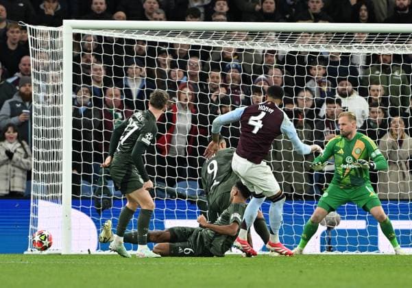 Birmingham, England, 29th January 2025. Aston Villa s Ezri Konsa shoots wide during the UEFA Champions League match at Villa Park, Birmingham. Picture credit should read: Cody Froggatt Sportimage EDITORIAL USE ONLY. No use with unauthorised audio, video, data, fixture lists, club league logos or live services. Online in-match use limited to 120 images, no video emulation. No use in betting, games or single club league player publications. SPI_064_CF_Aston_Villa_Celtic SPI-3641-0064
