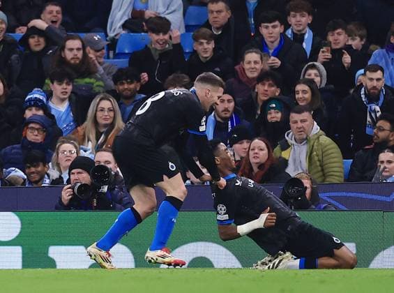 Raphael Onyedika of Club Brugge celebrates scoring the opening goal Manchester City v Club Brugge, UEFA Champions League, Group Stage, Football, Etihad Stadium, Manchester, UK - 29 Jan 2025 EDITORIAL USE ONLY No use with unauthorised audio, video, data, fixture lists, club league logos or live services. Online in-match use limited to 120 images, no video emulation. No use in betting, games or single club league player publications.  Copyright: xMattxWest Shutterstockx 15122170ag