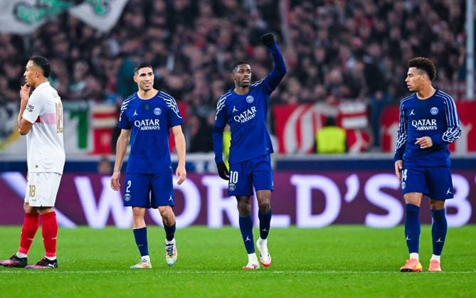 Ousmane Dembele (Paris Saint-Germain) celebrates his second goal with Achraf Hakimi (Paris Saint-Germain) during the UEFA Champions League 2024 25 League Phase MD8 match between VfB Stuttgart and Paris Saint-Germain at MHPArena on January 29, 2025 in Stuttgart, Germany. (Photo by Silas Schueller DeFodi Images) Defodi-738_738_VFBPSG_20250129_174