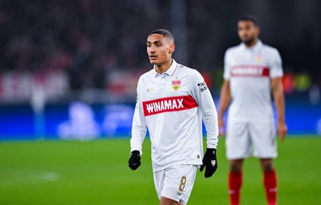 Enzo Millot (VfB Stuttgart) looks on during the UEFA Champions League 2024 25 League Phase MD8 match between VfB Stuttgart and Paris Saint-Germain at MHPArena on January 29, 2025 in Stuttgart, Germany. (Photo by Silas Schueller DeFodi Images) Defodi-738_738_VFBPSG_20250129_182