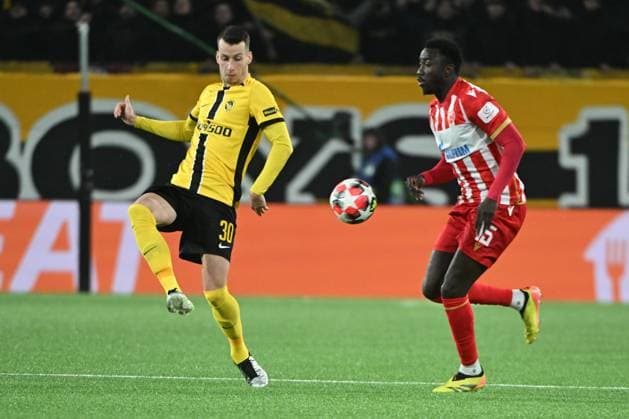 29.01.2025, Bern, Stadion Wankdorf, Uefa Champions League: BSC Young Boys - Roter Stern Belgrad, 30 Sandro Lauper (Young Boys) gegen 15 Silas (Belgrad). Bern Stadion Wankdorf Bern Switzerland Copyright: xJustPictures.ch ManuelxWinterbergerx jp-de-MaWi-MWI_1099