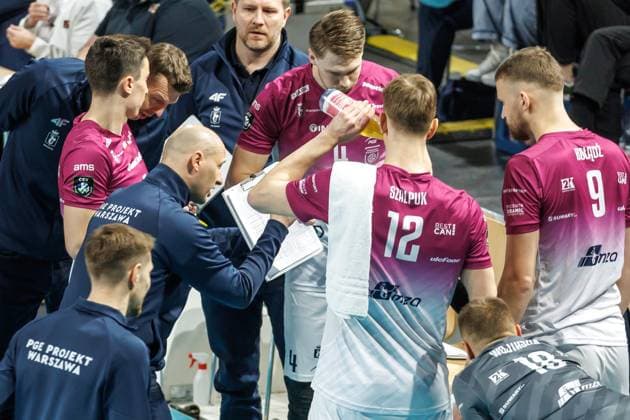 29.01.2025, Berlin, Volleyball: CEV Champions League, Maenner, Spieltag 6, BR Volleys gegen PGE Projekt Warschau, Max-Schmeling-Halle. Spieler von PGE Projekt Warschau jubeln. BR Volleys - PGE Projekt Warschau