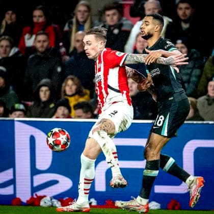 PSV Eindhoven defender Rick Karsdorp , Liverpool FC forwarder Cody Gakpo during the match PSV - Liverpool at the Philips stadium for the Champions League - League phase - Matchday 8 season 2024-2025 in EINDHOVEN, Netherlands on 29 january 2025, (photo by Marcel van Dorst EYE4images DeFodi Images) Defodi-746_211644