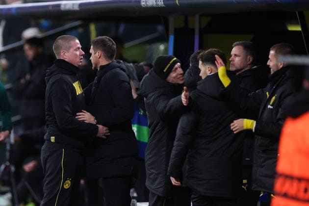 29.01.2025, UEFA Champions League, 8. Spieltag, Borussia Dortmund - Shakhtar Donetsk, v. l. Trainer Mike Tullberg (Borussia Dortmund), Sportdirektor Sebastian Kehl (Borussia Dortmund) bejubeln das Tor zum 2:0, Dortmund Signal Iduna Park NRW Deutschland xRHR-FOTO DEx Copyright: DennisxEwert RHR-FOTOx RHR-FOTO DE