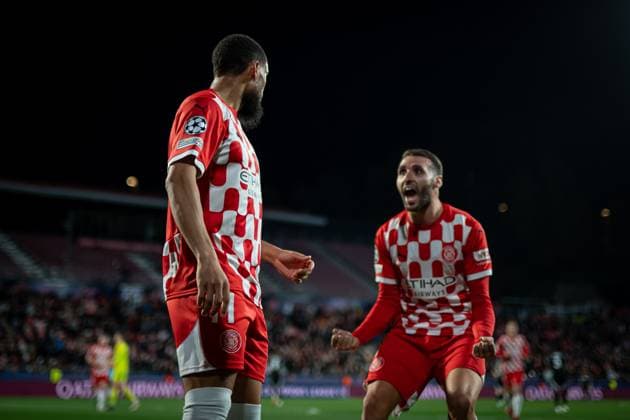 Arnaut Danjuma (Girona FC) and Abel Ruiz (Girona FC) celebrates during a UEFA Champions League match between Girona FC and Arsenal FC at Estadi Municipal de Montilivi in Girona, Girona, Spain, on January 29 2025. Photo by Felipe Mondino Copyright: x@FELIPExMONDINOx