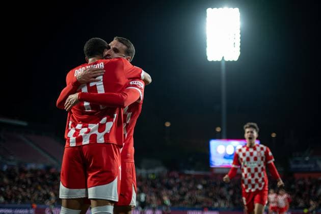 Arnaut Danjuma (Girona FC) and Abel Ruiz (Girona FC) celebrates during a UEFA Champions League match between Girona FC and Arsenal FC at Estadi Municipal de Montilivi in Girona, Girona, Spain, on January 29 2025. Photo by Felipe Mondino Copyright: x@FELIPExMONDINOx
