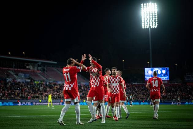 Arnaut Danjuma (Girona FC) celebrates after scoring his team s goal with team mates during a UEFA Champions League match between Girona FC and Arsenal FC at Estadi Municipal de Montilivi in Girona, Girona, Spain, on January 29 2025. Photo by Felipe Mondino Copyright: x@FELIPExMONDINOx