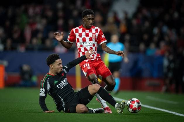 Yaser Asprilla (Girona FC) and Jakub Kiwior (Arsenal FC) battle for the ball during a UEFA Champions League match between Girona FC and Arsenal FC at Estadi Municipal de Montilivi in Girona, Girona, Spain, on January 29 2025. Photo by Felipe Mondino Copyright: x@FELIPExMONDINOx