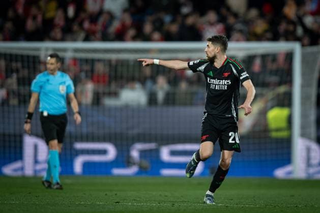 Jorginho (Arsenal FC) celebrates during a UEFA Champions League match between Girona FC and Arsenal FC at Estadi Municipal de Montilivi in Girona, Girona, Spain, on January 29 2025. Photo by Felipe Mondino Copyright: x@FELIPExMONDINOx
