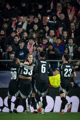 Ethan Nwaneri (Arsenal FC) celebrates after scoring his team s goal with team mates during a UEFA Champions League match between Girona FC and Arsenal FC at Estadi Municipal de Montilivi in Girona, Girona, Spain, on January 29 2025. Photo by Felipe Mondino Copyright: x@FELIPExMONDINOx