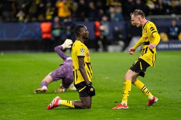 GER, UEFA Champions League, 8. Spieltag - Borussia Dortmund vs FC Shakhtar Donetsk 29.01.2025, Signal Iduna Park, Dortmund, GER, UEFA Champions League, 8. Spieltag - Borussia Dortmund vs FC Shakhtar Donetsk Im Bild: Torjubel Jubel ueber das Tor zum 2:0 durch Sehrou Guirassy (Borussia Dortmund, 9) Maximilian Beier (Borussia Dortmund, 14)