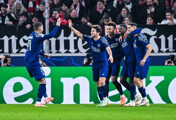 Ousmane Dembele (Paris Saint-Germain), Joao Neves (Paris Saint-Germain) and Achraf Hakimi (Paris Saint-Germain) celebrate their team s third goal during the UEFA Champions League 2024 25 League Phase MD8 match between VfB Stuttgart and Paris Saint-Germain at MHPArena on January 29, 2025 in Stuttgart, Germany. (Photo by Silas Schueller DeFodi Images) Defodi-738_738_VFBPSG_20250129_166