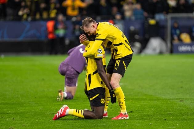 GER, UEFA Champions League, 8. Spieltag - Borussia Dortmund vs FC Shakhtar Donetsk 29.01.2025, Signal Iduna Park, Dortmund, GER, UEFA Champions League, 8. Spieltag - Borussia Dortmund vs FC Shakhtar Donetsk Im Bild: Torjubel Jubel ueber das Tor zum 2:0 durch Sehrou Guirassy (Borussia Dortmund, 9) Maximilian Beier (Borussia Dortmund, 14)