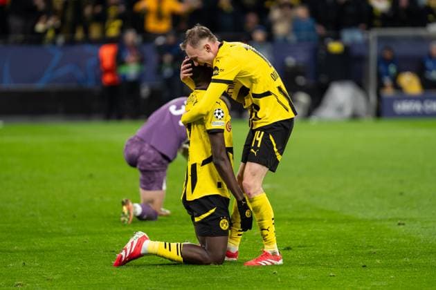 GER, UEFA Champions League, 8. Spieltag - Borussia Dortmund vs FC Shakhtar Donetsk 29.01.2025, Signal Iduna Park, Dortmund, GER, UEFA Champions League, 8. Spieltag - Borussia Dortmund vs FC Shakhtar Donetsk Im Bild: Torjubel Jubel ueber das Tor zum 2:0 durch Sehrou Guirassy (Borussia Dortmund, 9) Maximilian Beier (Borussia Dortmund, 14)