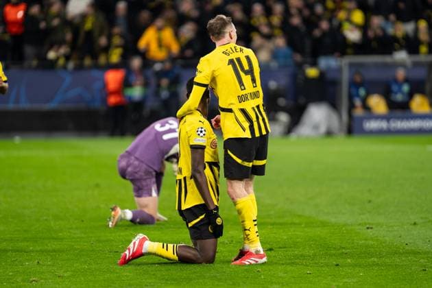 GER, UEFA Champions League, 8. Spieltag - Borussia Dortmund vs FC Shakhtar Donetsk 29.01.2025, Signal Iduna Park, Dortmund, GER, UEFA Champions League, 8. Spieltag - Borussia Dortmund vs FC Shakhtar Donetsk Im Bild: Torjubel Jubel ueber das Tor zum 2:0 durch Sehrou Guirassy (Borussia Dortmund, 9) Maximilian Beier (Borussia Dortmund, 14)