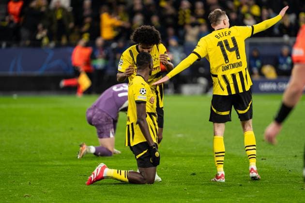 GER, UEFA Champions League, 8. Spieltag - Borussia Dortmund vs FC Shakhtar Donetsk 29.01.2025, Signal Iduna Park, Dortmund, GER, UEFA Champions League, 8. Spieltag - Borussia Dortmund vs FC Shakhtar Donetsk Im Bild: Torjubel Jubel ueber das Tor zum 2:0 durch Sehrou Guirassy (Borussia Dortmund, 9) Maximilian Beier (Borussia Dortmund, 14) Karim Adeyemi (Borussia Dortmund, 27)