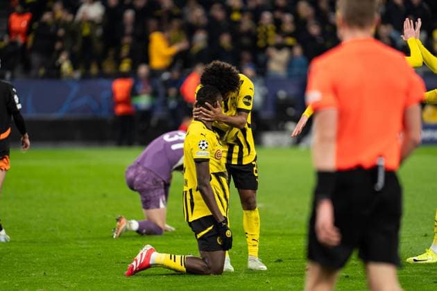 GER, UEFA Champions League, 8. Spieltag - Borussia Dortmund vs FC Shakhtar Donetsk 29.01.2025, Signal Iduna Park, Dortmund, GER, UEFA Champions League, 8. Spieltag - Borussia Dortmund vs FC Shakhtar Donetsk Im Bild: Torjubel Jubel ueber das Tor zum 2:0 durch Sehrou Guirassy (Borussia Dortmund, 9) Karim Adeyemi (Borussia Dortmund, 27)