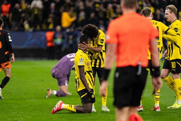 GER, UEFA Champions League, 8. Spieltag - Borussia Dortmund vs FC Shakhtar Donetsk 29.01.2025, Signal Iduna Park, Dortmund, GER, UEFA Champions League, 8. Spieltag - Borussia Dortmund vs FC Shakhtar Donetsk Im Bild: Torjubel Jubel ueber das Tor zum 2:0 durch Sehrou Guirassy (Borussia Dortmund, 9) Karim Adeyemi (Borussia Dortmund, 27)