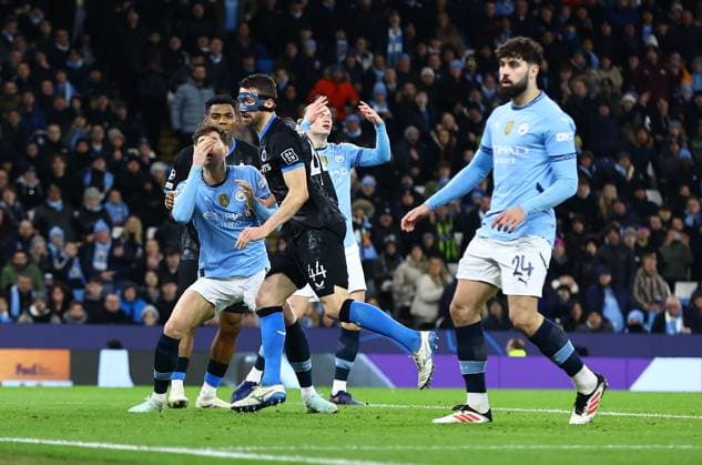 John Stones of Manchester City reacts after missing narrowly Manchester City v Club Brugge, UEFA Champions League, Group Stage, Football, Etihad Stadium, Manchester, UK - 29 Jan 2025 EDITORIAL USE ONLY No use with unauthorised audio, video, data, fixture lists, club league logos or live services. Online in-match use limited to 120 images, no video emulation. No use in betting, games or single club league player publications.  Copyright: xShutterstockx 15123154am