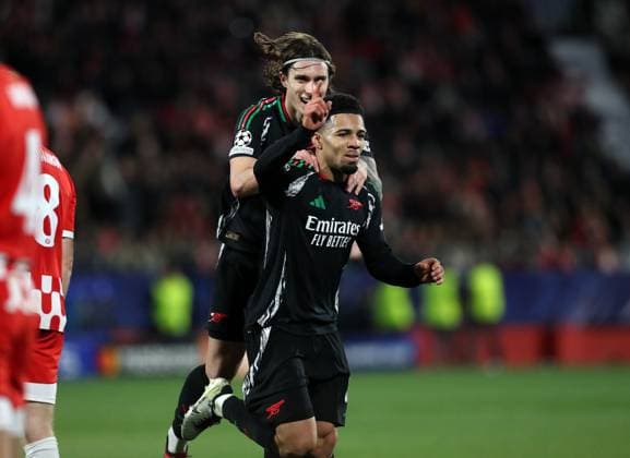 Ethan Nwaneri of Arsenal celebrates scoring his teams 2nd goal with Riccardo Calafiori Girona v Arsenal, UEFA CHampions League, Estadi Montilivi, Girona, Spain - 29 01 2025 Editorial use only  Copyright: xMartinxSerasxLima Shutterstockx 15124935c