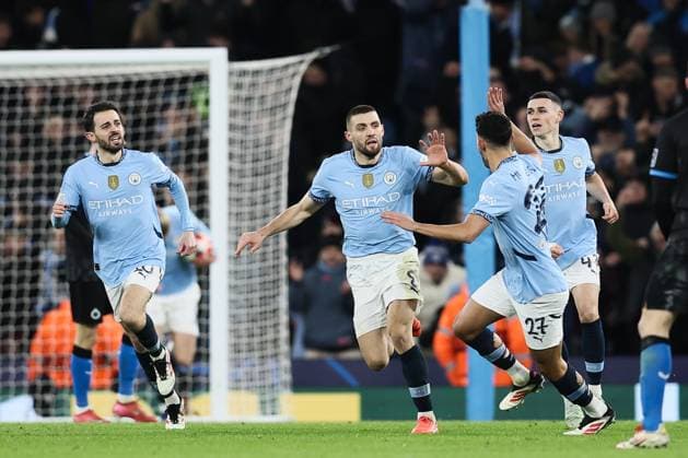 Manchester City s Mateo Kovacic celebrates after scoring during a soccer game between English Manchester City and Belgian Club Brugge KV, Wednesday 29 January 2025 in Manchester, United Kingdom, on the eight day (out of 8) of the UEFA Champions League league phase. BRUNOxFAHY  x111418216x