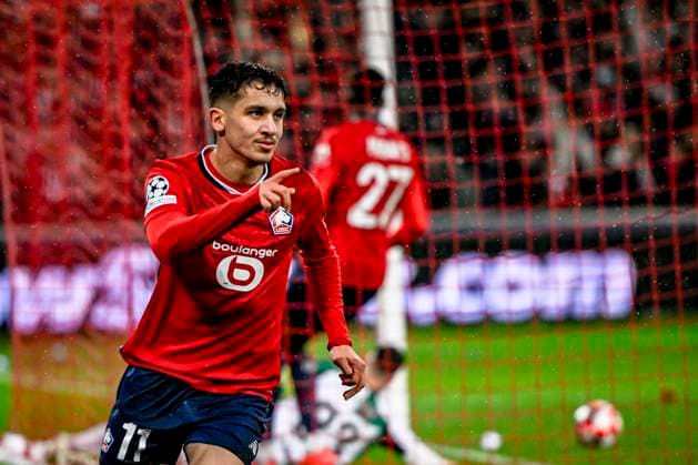 LOSC Lille midfielder Osame Sahraoui celebrating the goal 2-1, during the match Lille - Feyenoord at the Stade Pierre Mauroy for the UEFA Champions League - League phase - Matchday 8 season 2024-2025 in LILLE, France on 29 januari 2025, (photo by Stefan Koops EYE4images DeFodi Images) Defodi-746_211666