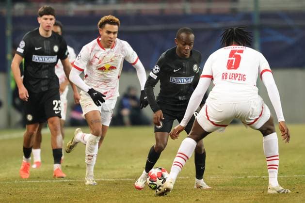 SOCCER - UEFA CL, Sturm vs RB Leipzig KLAGENFURT,AUSTRIA,29.JAN.25 - SOCCER - UEFA Champions League, SK Sturm Graz vs RasenBallsport Leipzig. Image shows Antonio Nusa (RB Leipzig) and Malick Yalcouye (Sturm).  GEPAxpictures xChrisxBauer